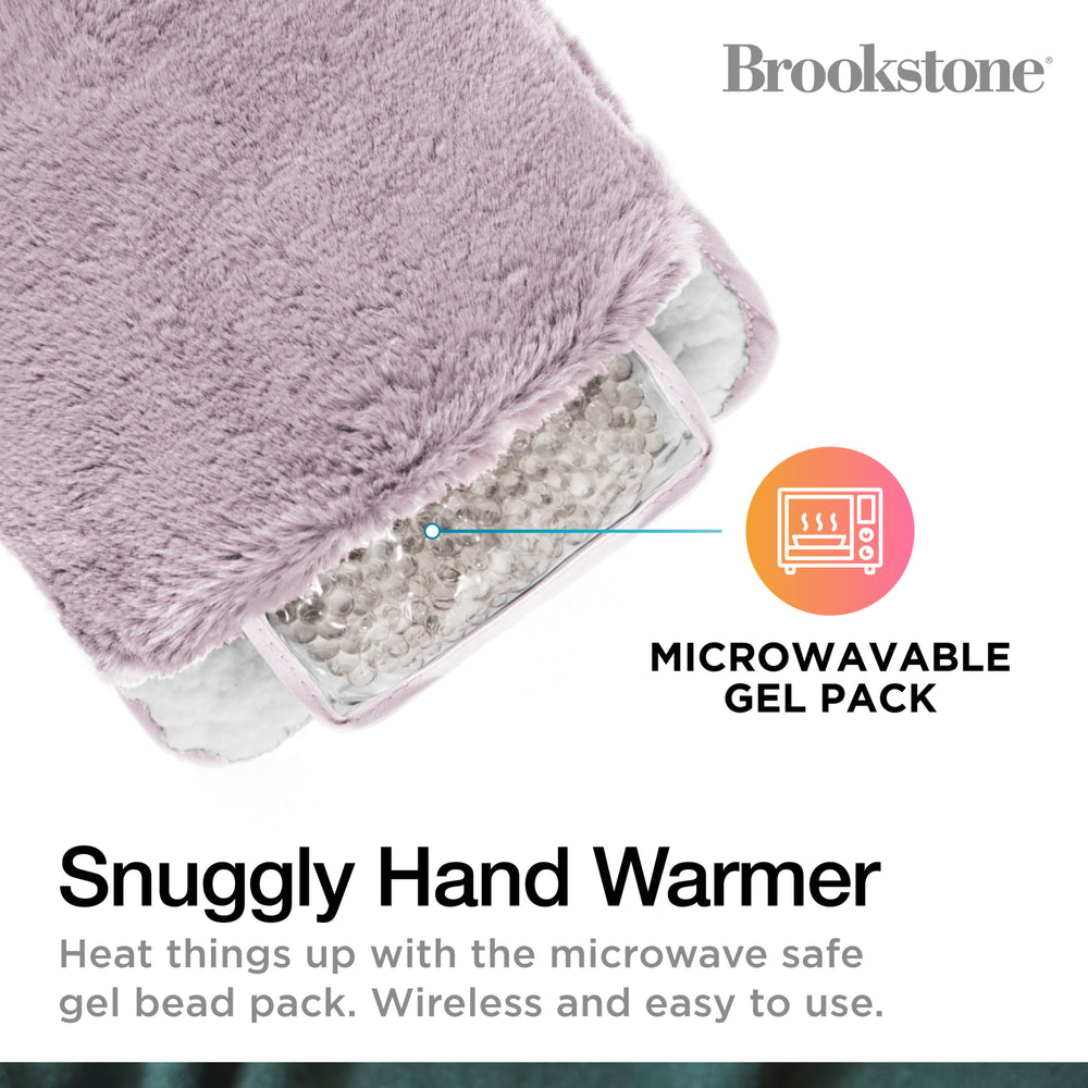 Snuggly hand warmer with a microwavable gel pack and Brookstone branding.