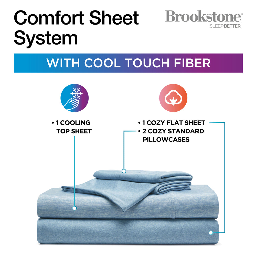 Brookstone comfort sheet system with cool touch fiber features on a white background