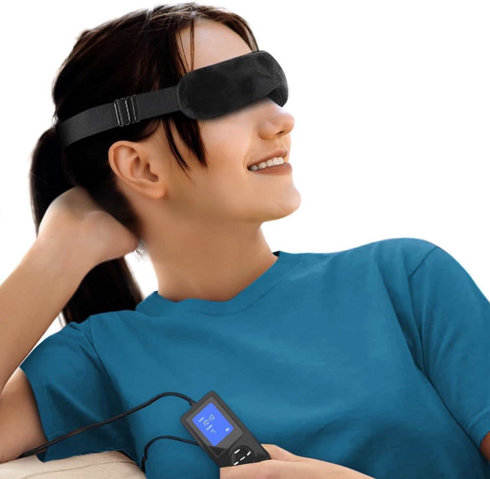 Woman using Wizard heated dry eye mask for stye and dry eye relief